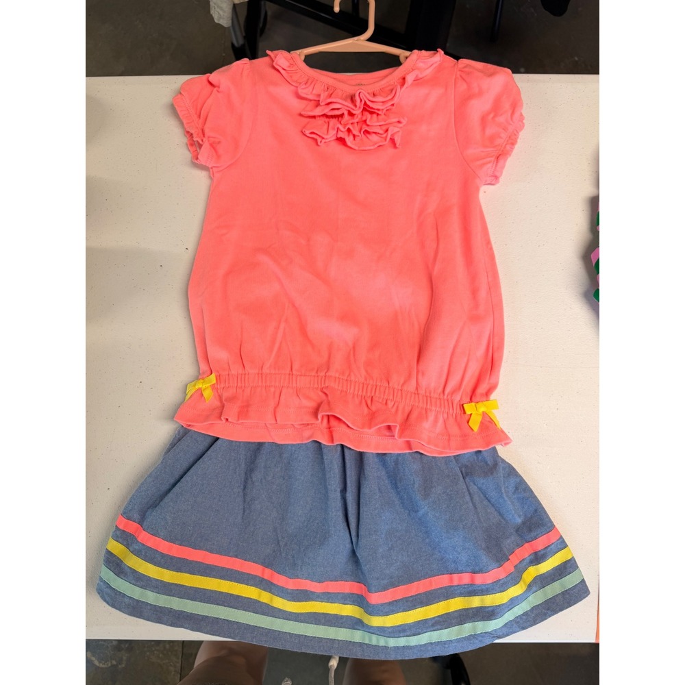 Gymboree Girls 5T Coral Ruffle Top and Chambray Striped Skirt Outfit Set